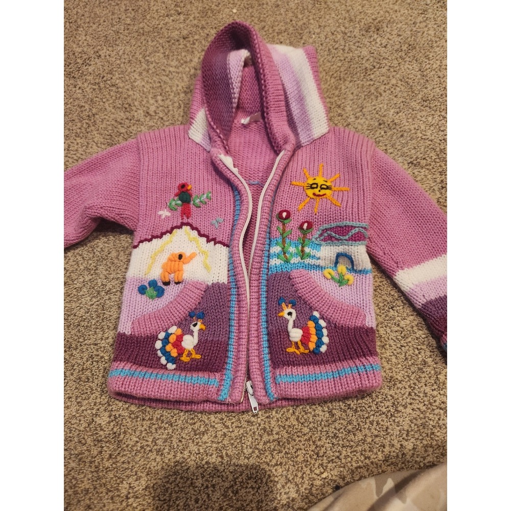 Marca Huari Kids Purple Hand Knit Embroidered Sun‎ Bird Zip Up Hooded Sweater